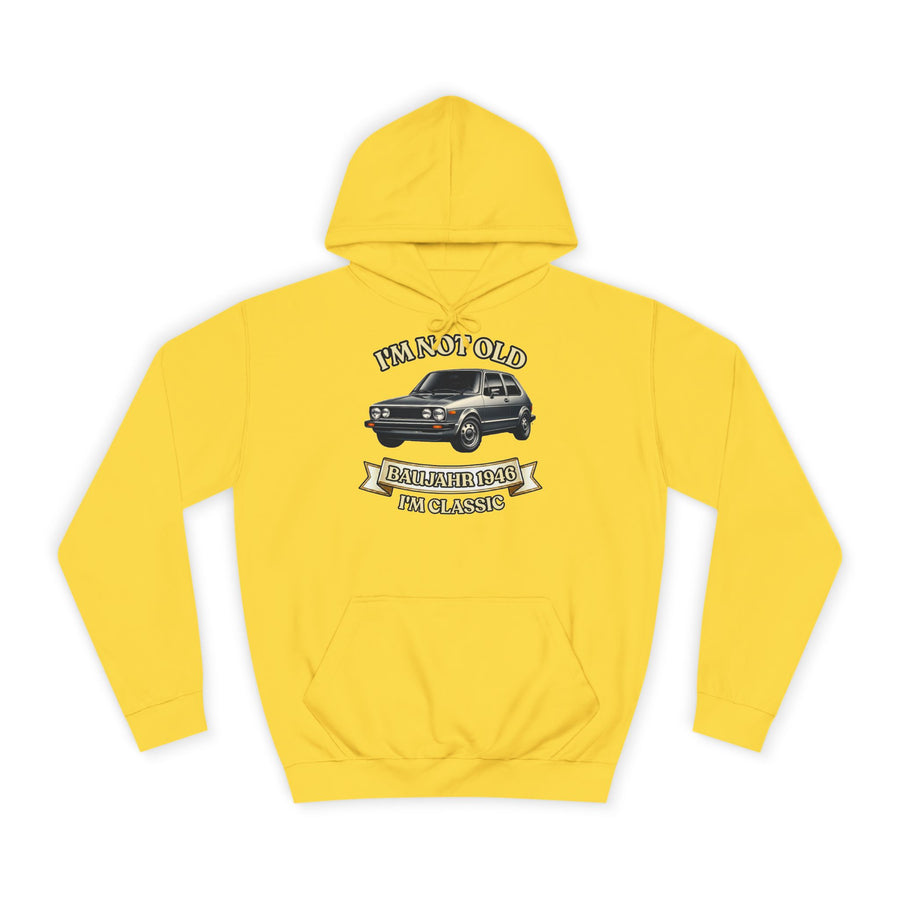 Geschenk zum 80. Geburtstag – Hoodie Jahrgang 1946 VW Golf – Sun Yellow – Vorderseite