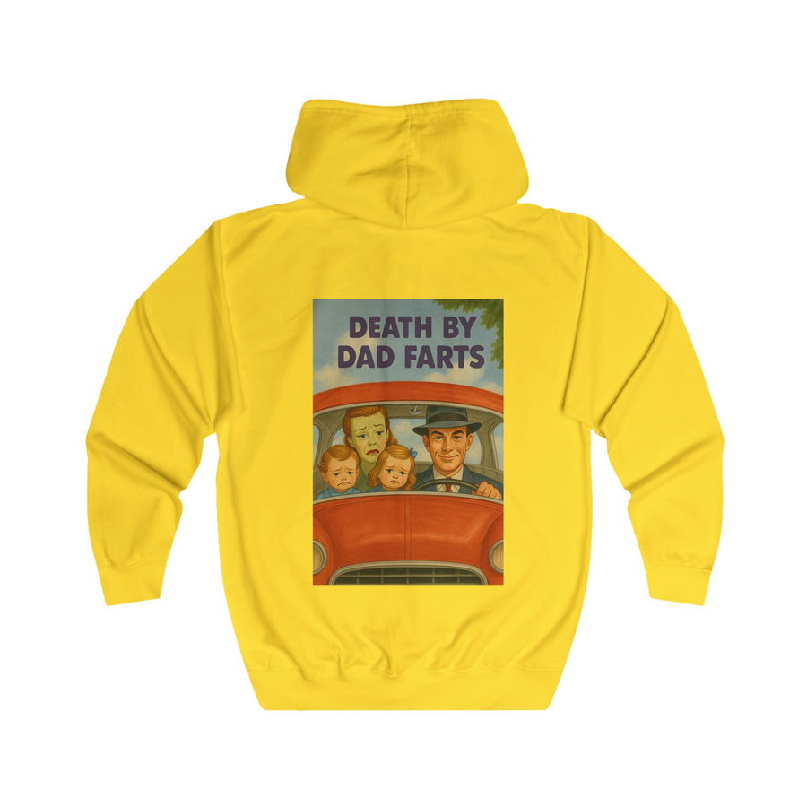 Papa Sweatjacke „Death by Dad Farts“ – Zip-Hoodie mit Rückendruck – Sun Yellow – Rückenansicht