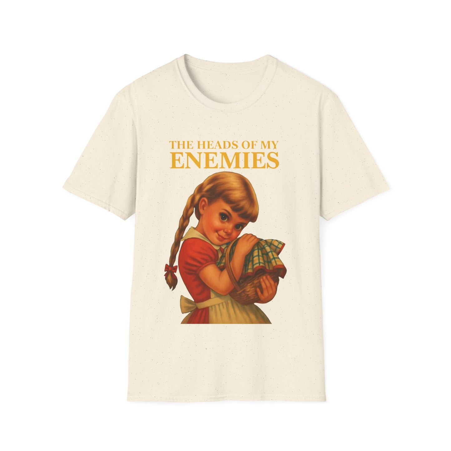 T-shirt “The Heads of My Enemies” – retro satire with children’s book flair