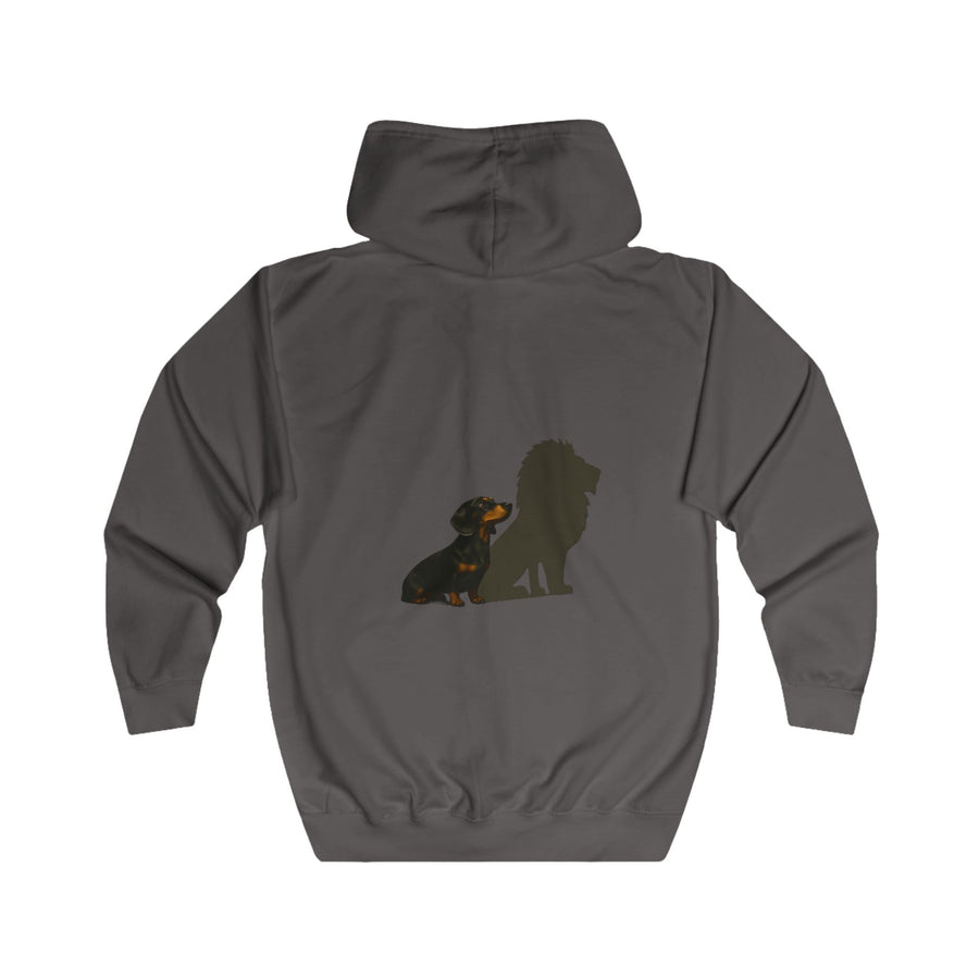 Dackel Sweatjacke „Dackel mit Löwen-Schatten“ – Zip-Hoodie mit Rückendruck – Steel Grey – Rückenansicht
