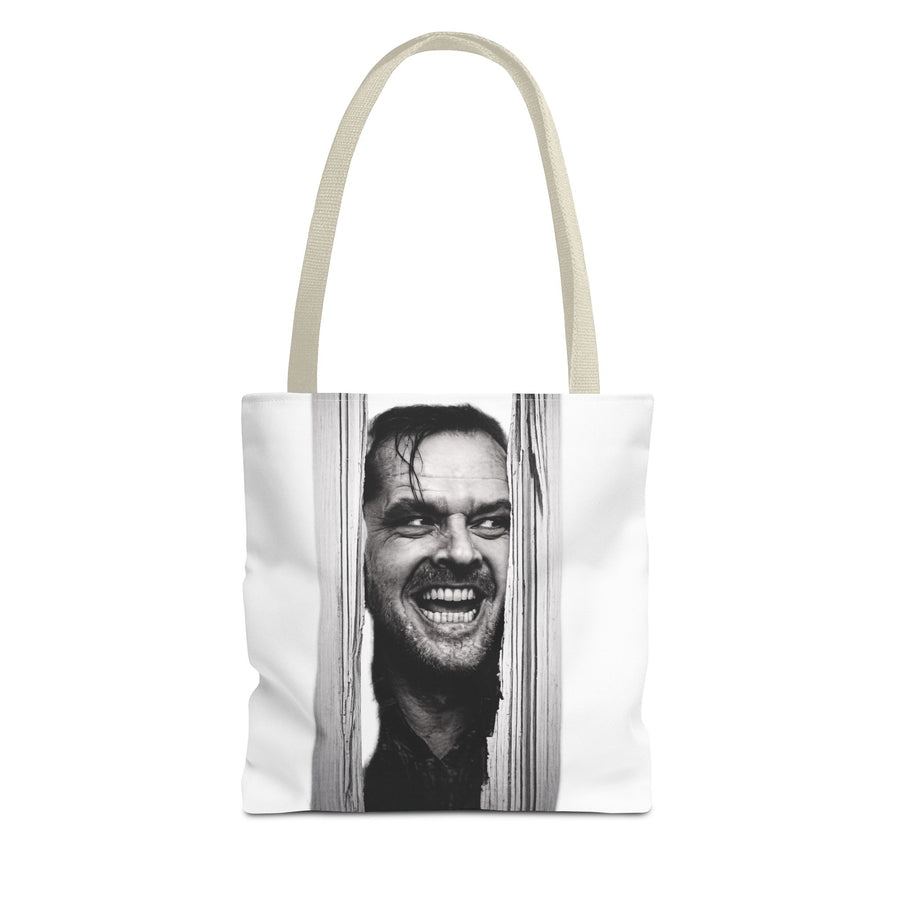 Naturfarbene Tote Bag mit schwarzweißem Motiv einer lachenden männlichen Gesichtspartie zwischen Holzleisten.