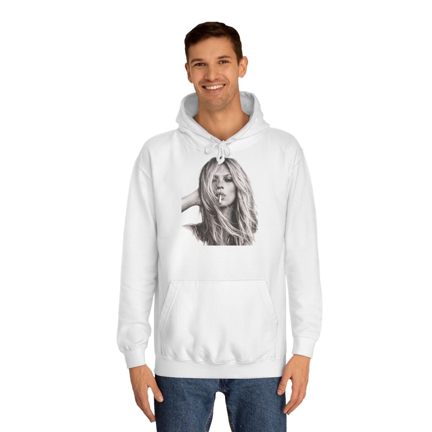 Kate Moss Hoodie – Ikonisches Schwarz-Weiß Porträt Kapuzenpullover für Fashion & Musik Fans
