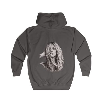 Kate Moss Zip Hoodie – Ikonisches Schwarz-Weiß Porträt Kapuzenjacke für Fashion & Musik Fans, Vintage Style Geschenk