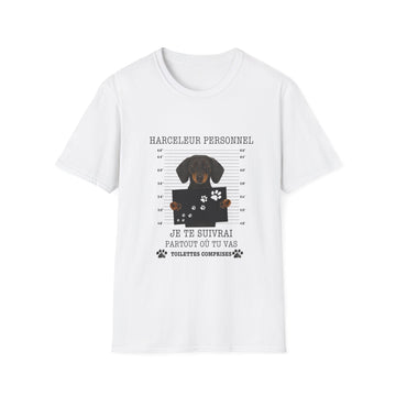 Dachshund T-Shirt – FRENCH print « Harceleur personnel, je te suivrai partout où tu vas » – Funny Gift for Dachshund Owners