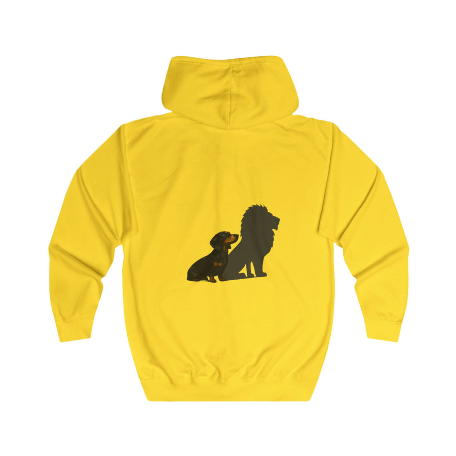 Dackel Sweatjacke „Dackel mit Löwen-Schatten“ – Zip-Hoodie mit Rückendruck – Sun Yellow – Rückenansicht