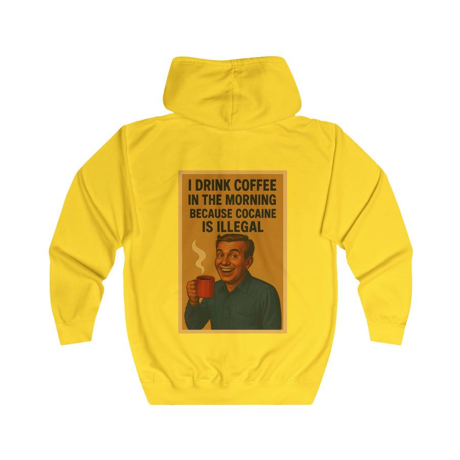 Kaffee Sweatjacke „I Drink Coffee Because Cocaine Is Illegal“ – Zip-Hoodie mit Rückendruck – Sun Yellow – Rückenansicht