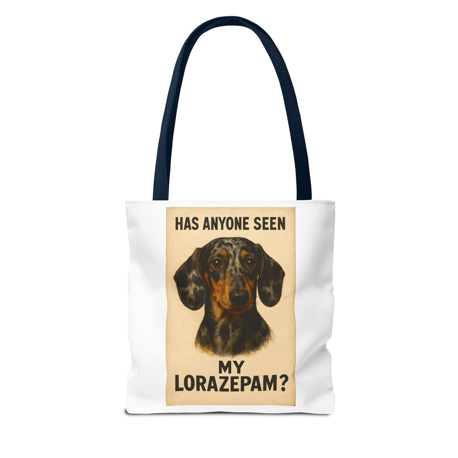 Lustige Dackel Tote Bag "Has Anyone Seen My Lorazepam?" – Vintage Hunde Stoffbeutel für Hundeliebhaber & Dackelfans