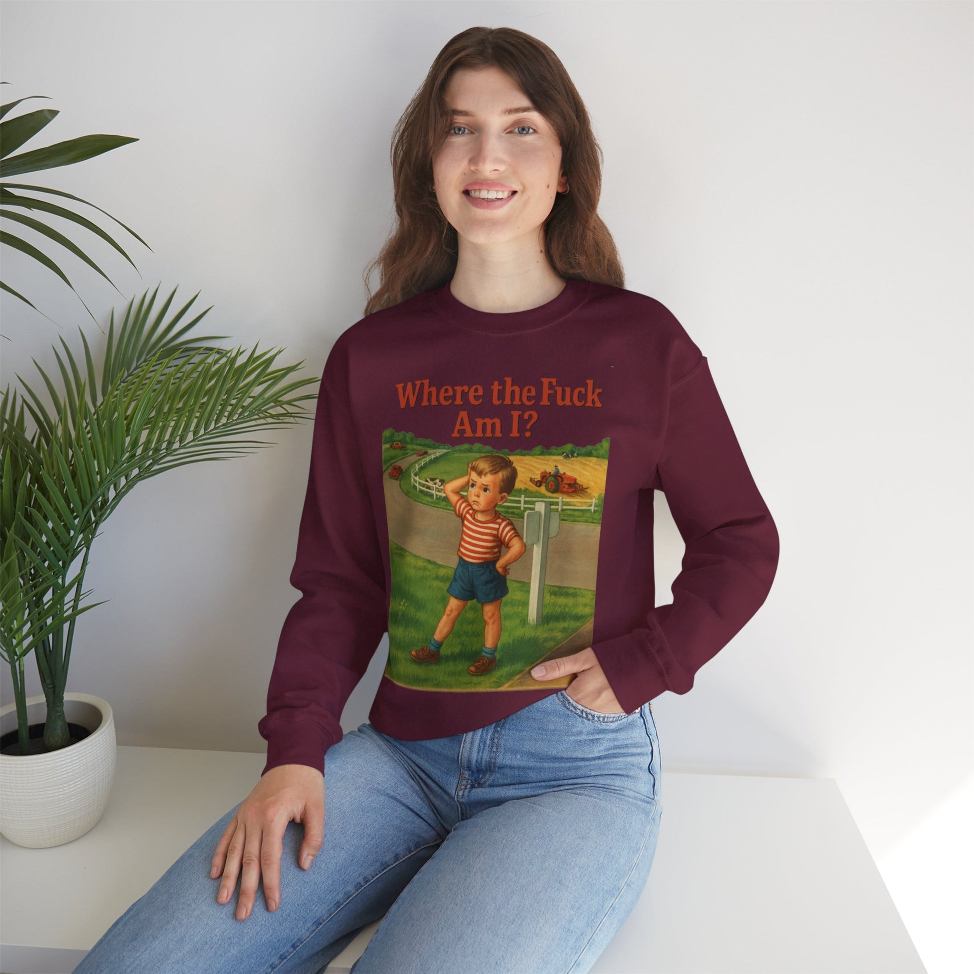 Sweatshirt – Where the Hell Am I? – Vintage Sweatshirt mit nostalgischem Lost-Boy-Motiv | True Insights Design mit Humor