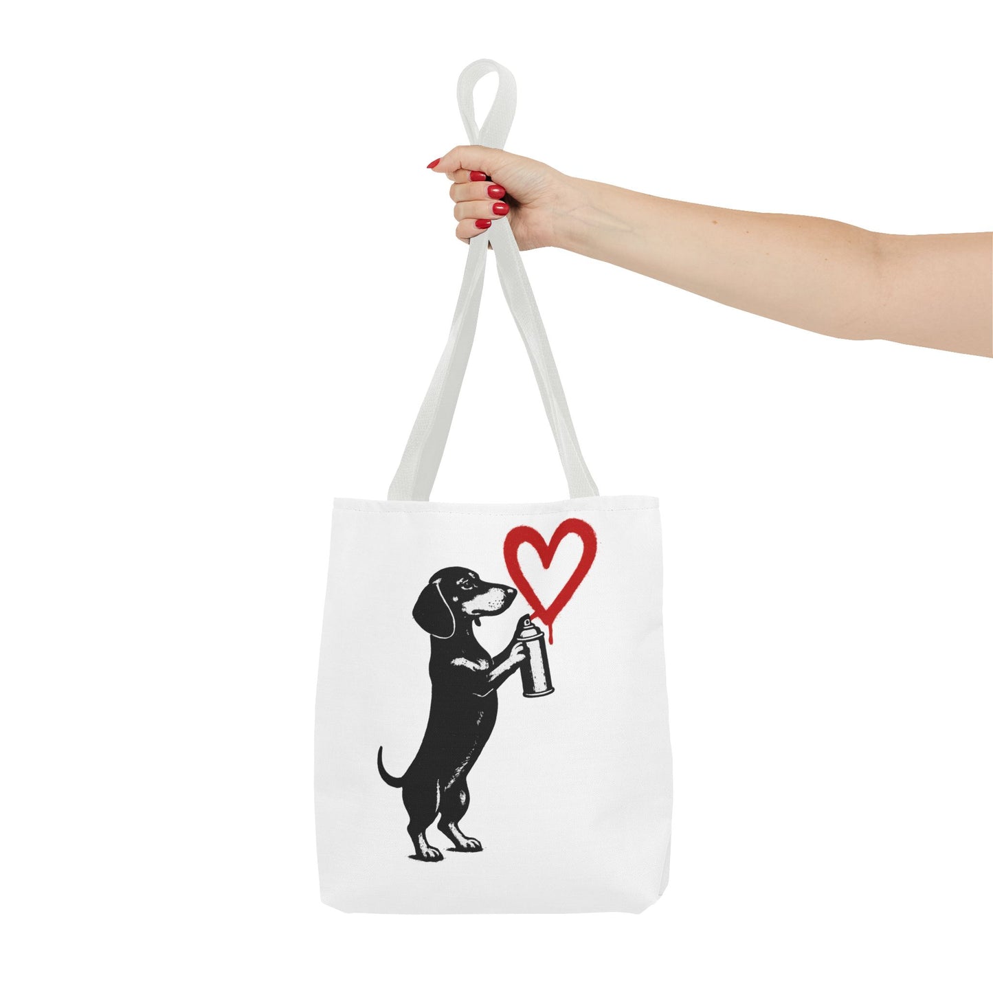 Banksy inspirierter Dackel Tote Bag Polyester – Street-Art Herz Sprühdose Beutel für Sport, Uni & Einkauf