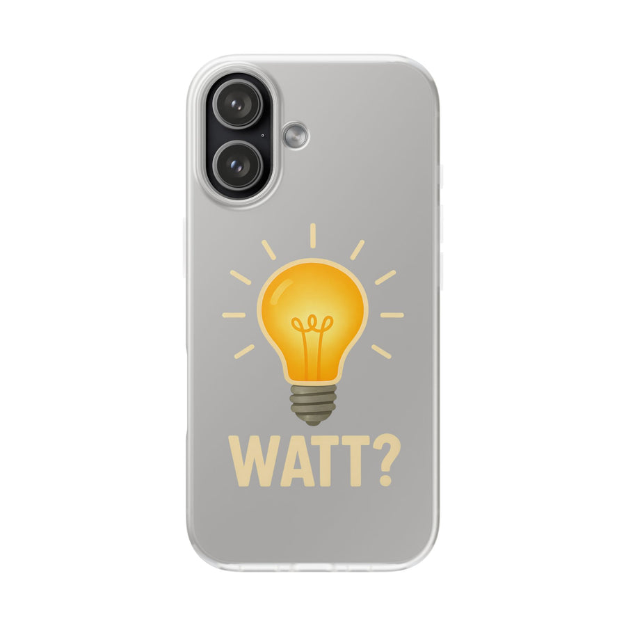 WATT? Handyhülle für iPhone 17 – transparente Schutzhülle mit leuchtendem Glühbirnen-Motiv, Geschenk für Elektriker und Technikfans