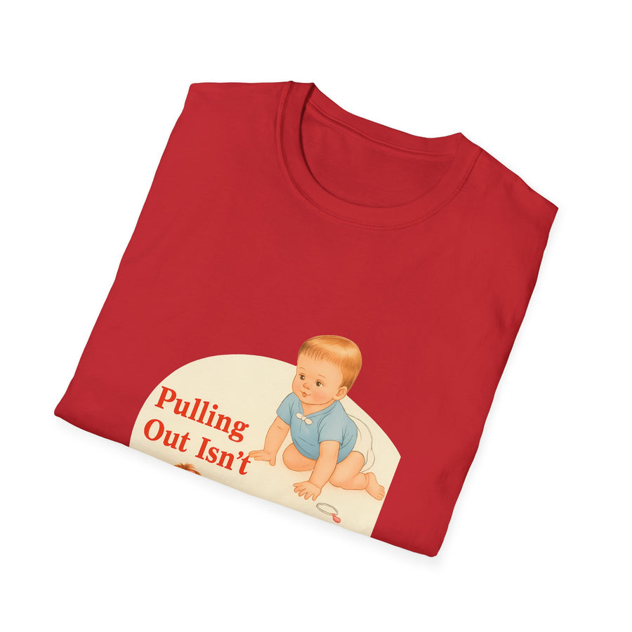 True Insights T-Shirt Pulling Out Isn't Very Effective, satirisches Motiv in Nahaufnahme des Aufdrucks