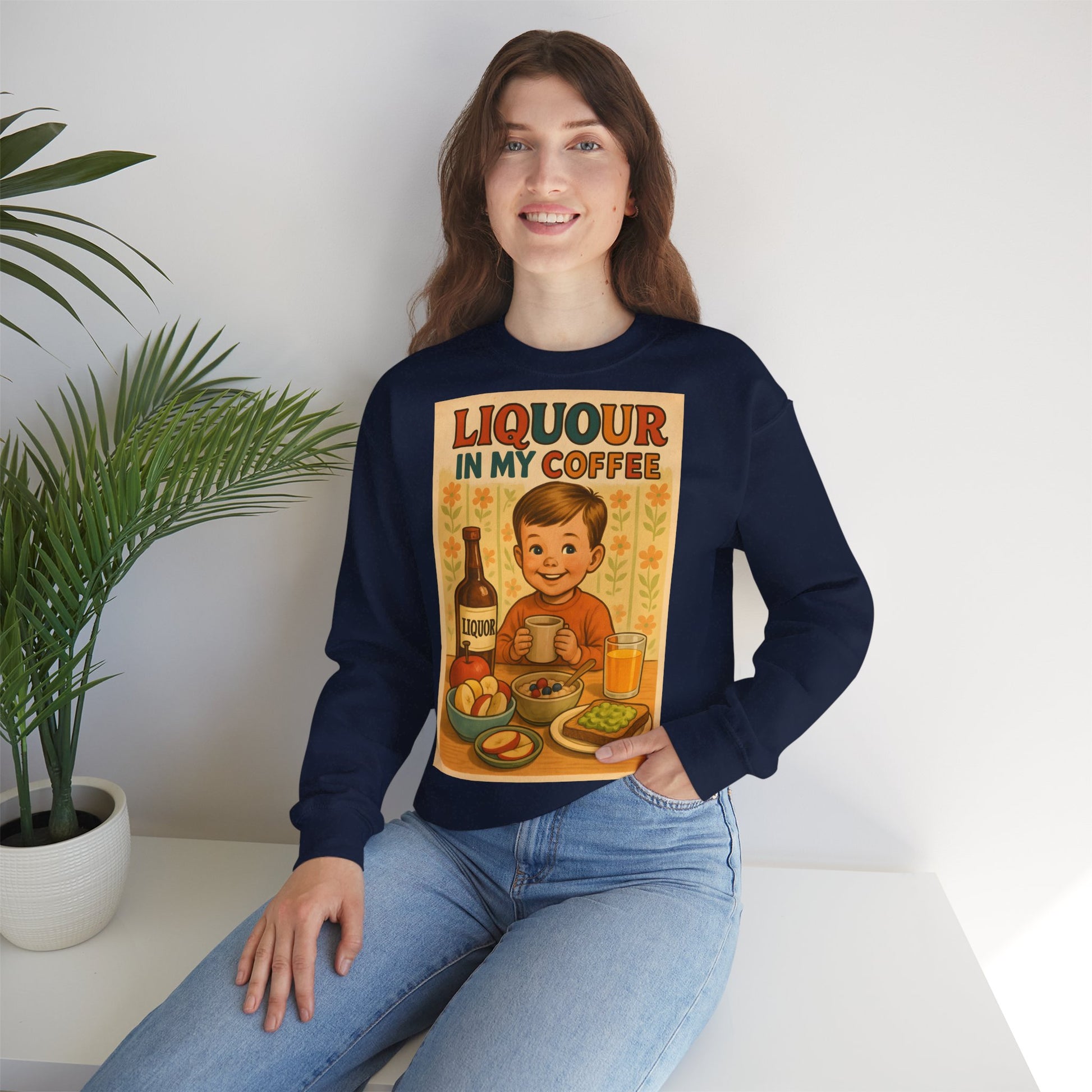 Sweatshirt – Liquor In My Coffee Sweatshirt | Retro Frühstücks-Pullover mit Satire-Motiv | Geschenk für Kaffee-Fans mit Humor | True Insights Design mit Humor