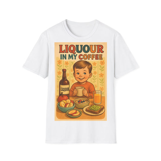 Vintage Humor Unisex Softstyle T-Shirt - 'LIQUOR IN MY COFFEE' Retro Typography Design – Freches Satire-Design für mutige Statements | True Insights