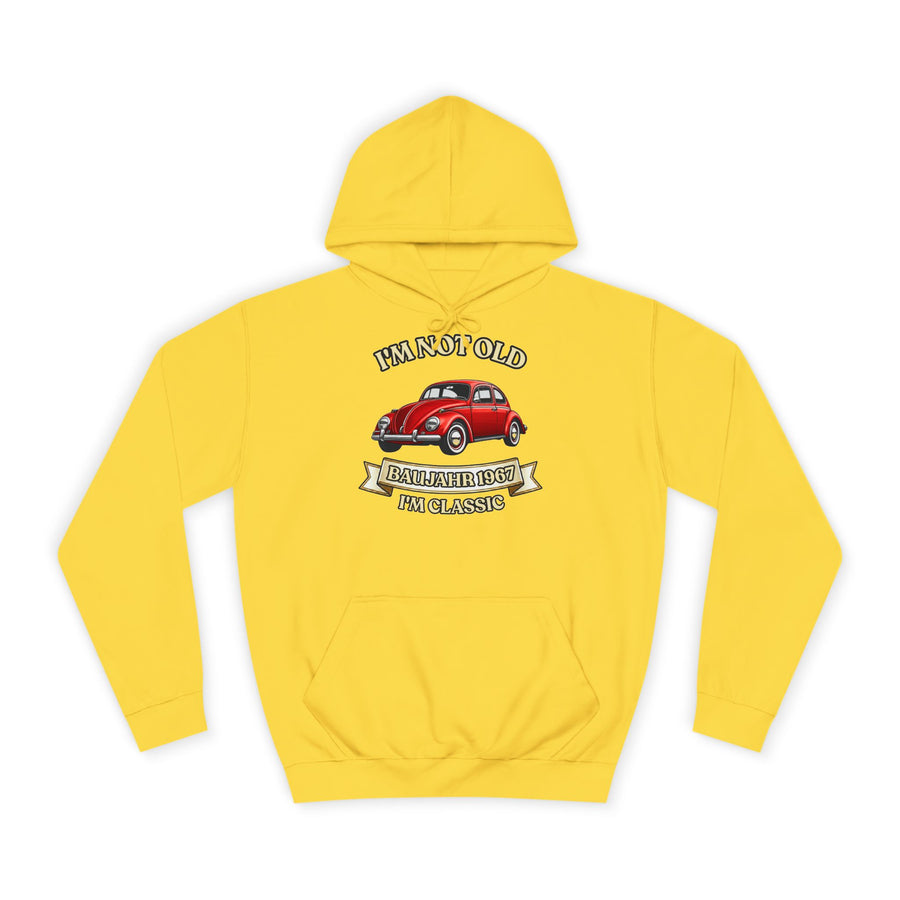 Geschenk zum 60. Geburtstag – Hoodie Jahrgang 1967 VW Käfer – Sun Yellow – Vorderseite