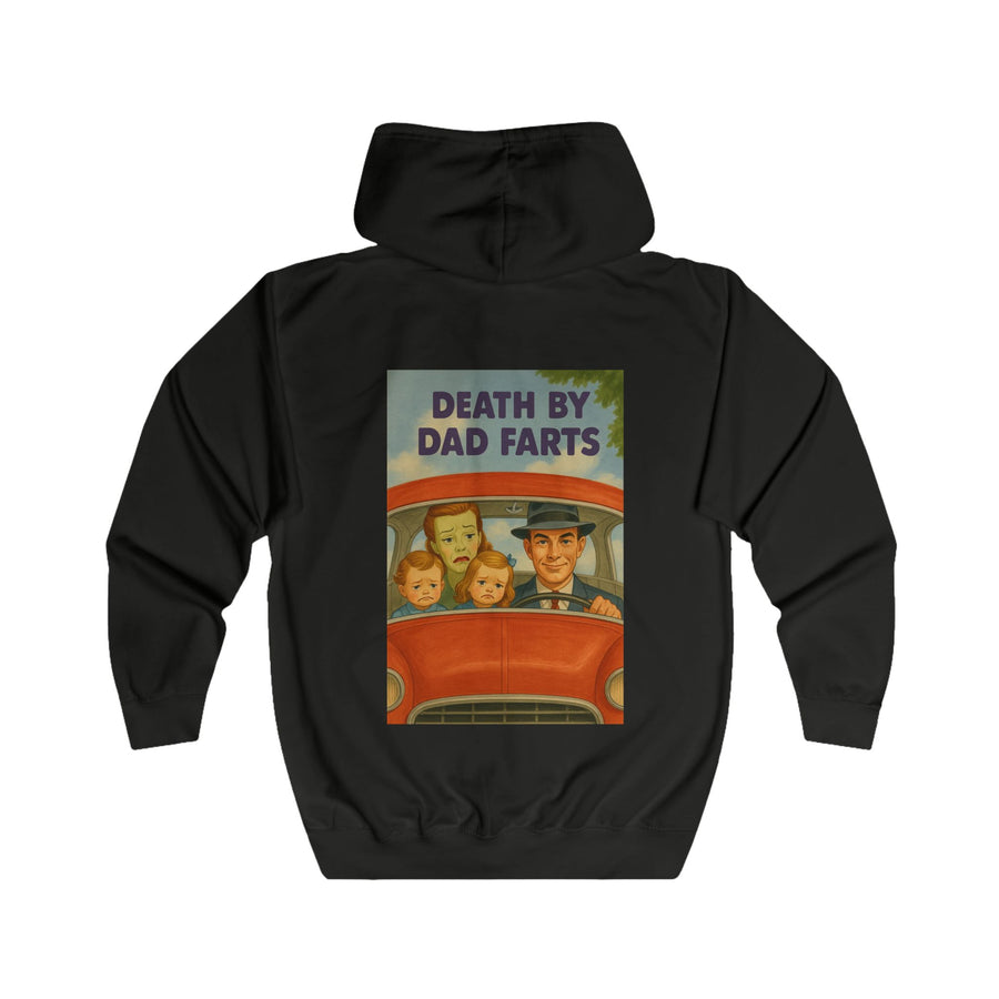 Papa Sweatjacke „Death by Dad Farts“ – Zip-Hoodie mit Rückendruck – Jet Black – Rückenansicht