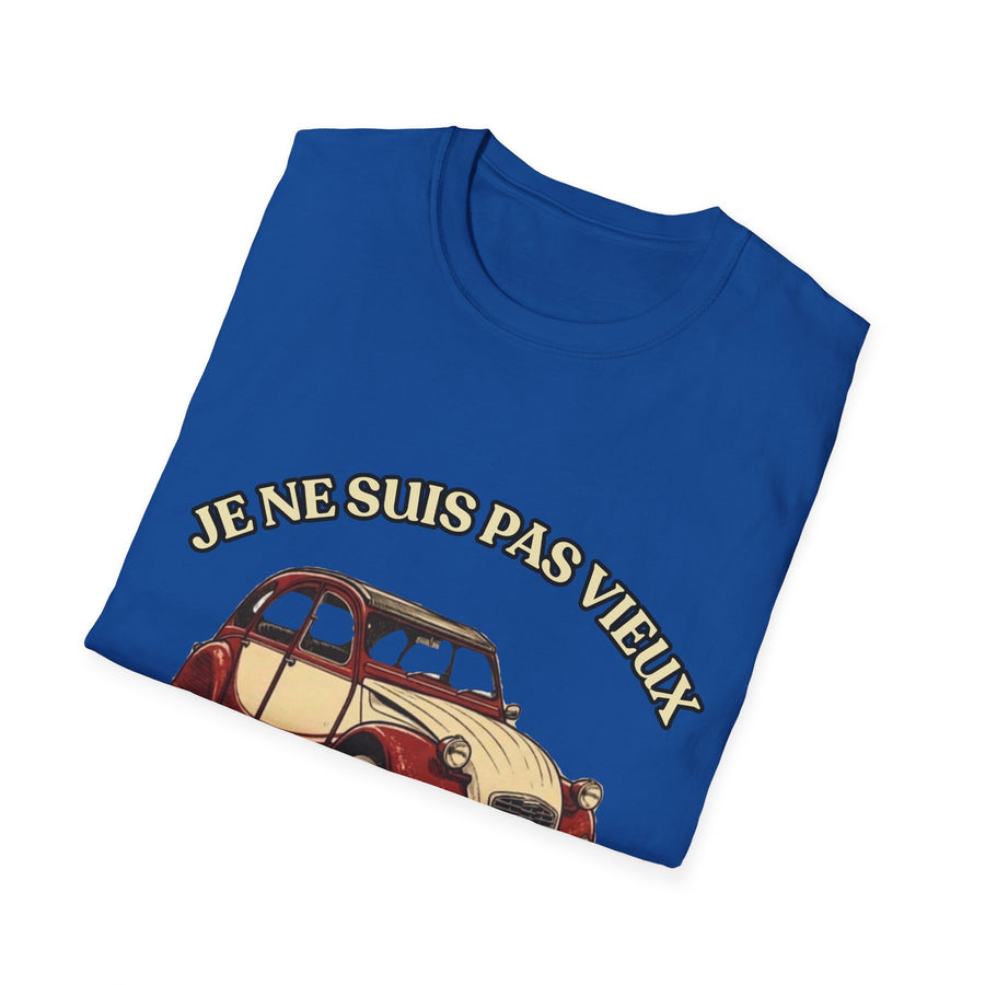T-shirt Millésime 1966 « Je ne suis pas vieux, je suis vintage » – Cadeau anniversaire 60 ans homme – Deux-chevaux rouge et crème, voiture ancienne rétro