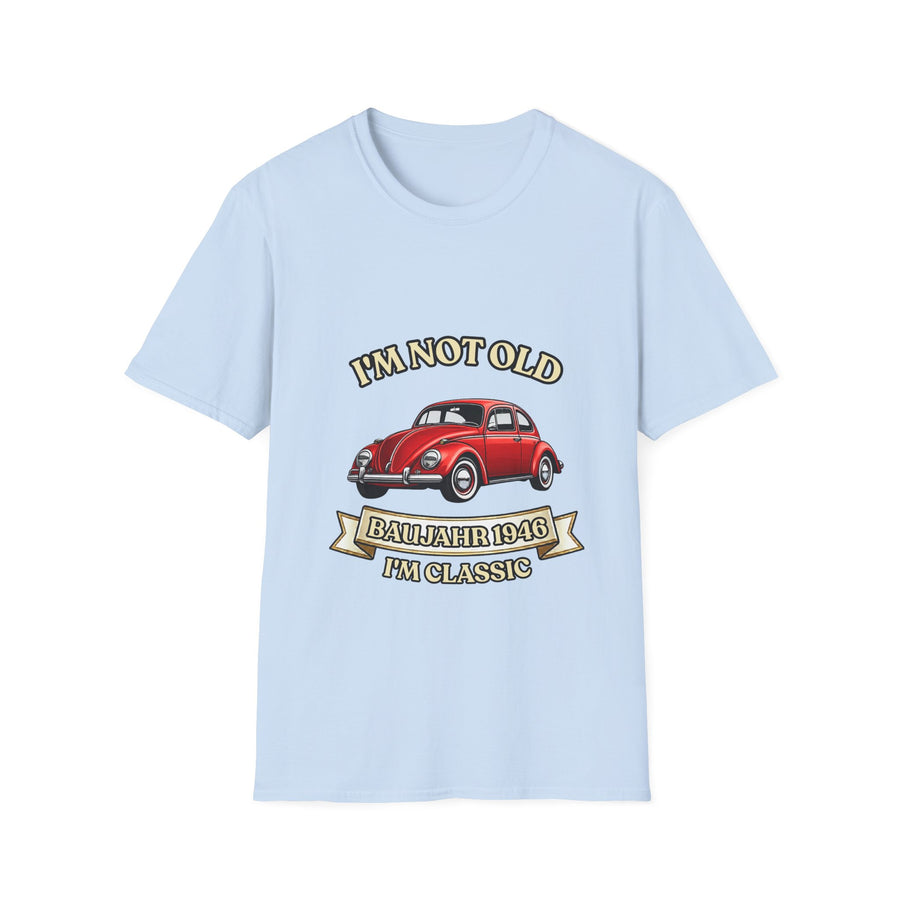 Geschenk zum 80. Geburtstag – T-Shirt Jahrgang 1946 VW Käfer – Light Blue – Vorderseite