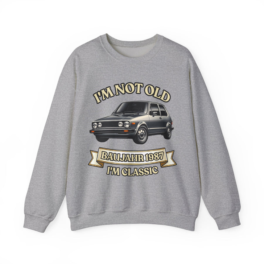Geschenk zum 40. Geburtstag – Pullover Jahrgang 1987 VW Golf – Sport Grey – Vorderseite