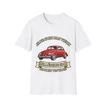 T-shirt Millésime 1946 « Je ne suis pas vieux, je suis vintage » – Cadeau anniversaire 80 ans homme – Coccinelle rouge, voiture ancienne rétro