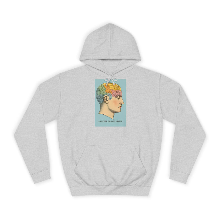 Vintage Hoodie „A Picture of Good Health“ – Vintage-Phrenologie für mentale Überflieger – Heather Grey – Vorderseite