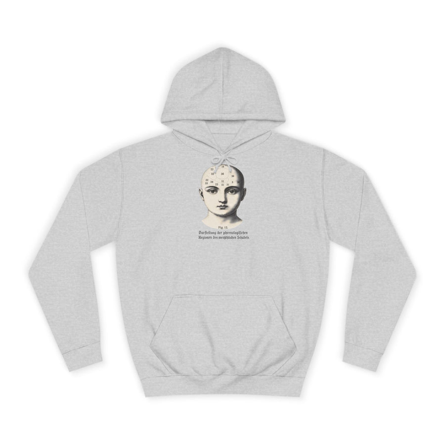 Vintage Hoodie „Phrenologie Fig. 12“ – Wissenschaft trifft Humor – Heather Grey – Vorderseite