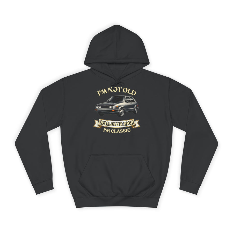 Geschenk zum 60. Geburtstag – Hoodie Jahrgang 1966 VW Golf – Jet Black – Vorderseite