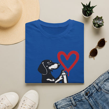Dackel mit Sprühdose Herz T-Shirt Unisex – Street Art Graffiti Hund Motiv, perfektes Geschenk für Dackelliebhaber & Valentinstag