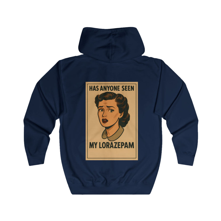 True Insights Has Anyone Seen My Lorazepam Zip-Hoodie – Retro-Pop-Art mit schwarzem Humor