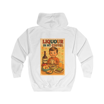 Kaffee Sweatjacke „Liquor in My Coffee“ – Zip-Hoodie mit Rückendruck – Arctic White – Rückenansicht