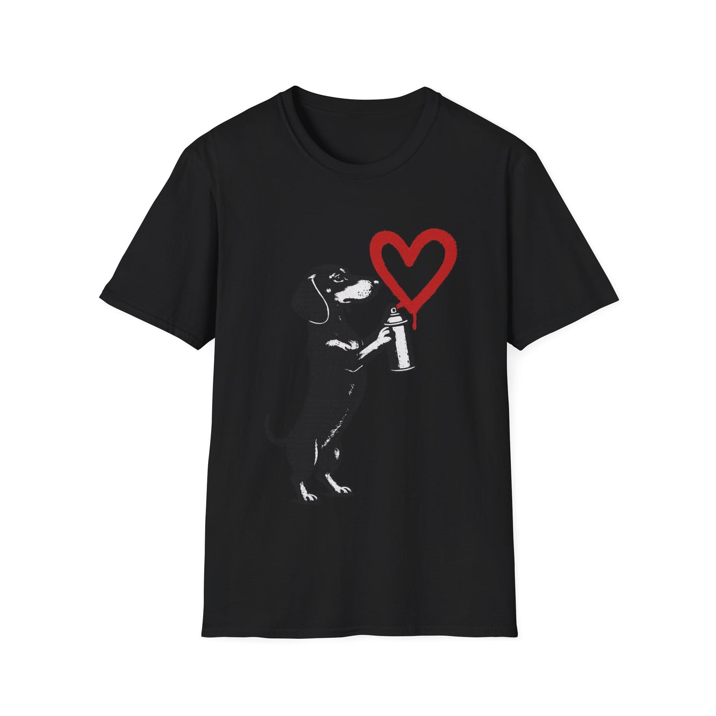 Dackel mit Sprühdose Herz T-Shirt Unisex – Street Art Graffiti Hund Motiv, perfektes Geschenk für Dackelliebhaber & Valentinstag