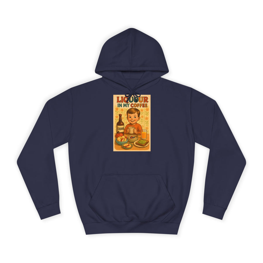Kaffee Hoodie „Liquor in My Coffee“ – Retro-Humor für Kaffeetrinker – Oxford Navy – Vorderseite