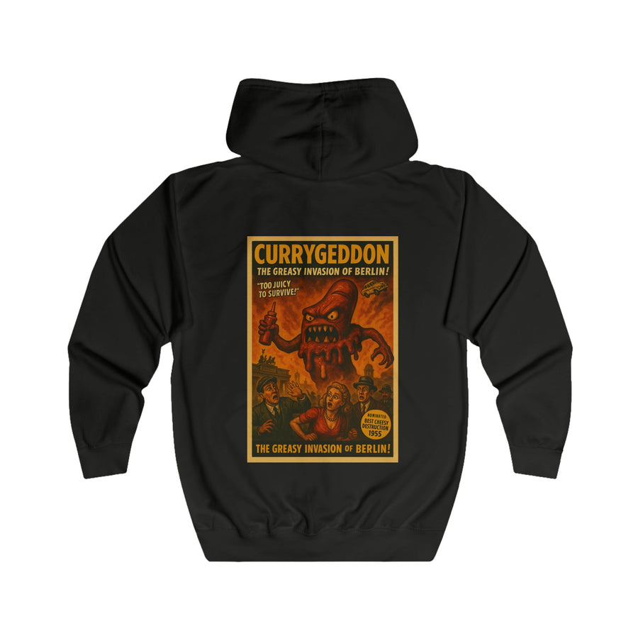 CurryGeddon Zip-Hoodie – Affiche de film d'horreur rétro avec monstre currywurst