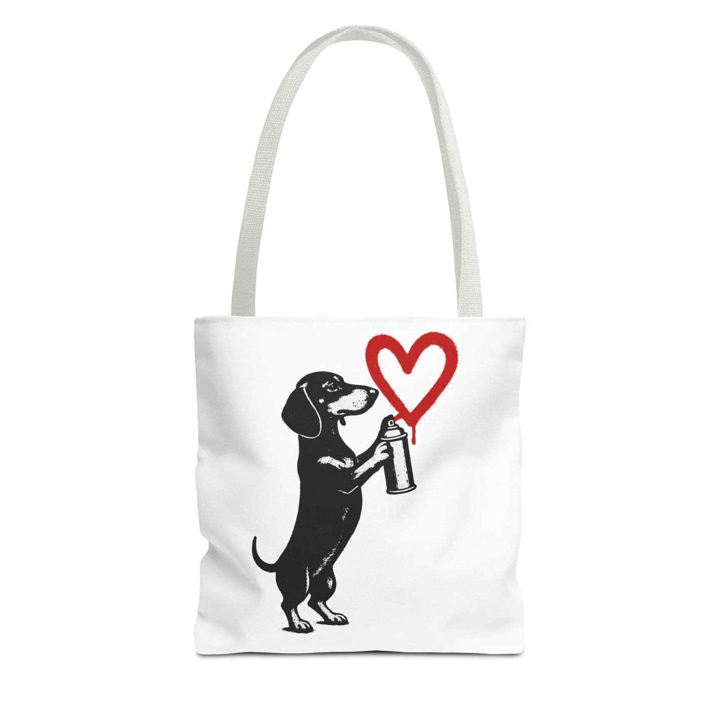Banksy inspirierter Dackel Tote Bag Polyester – Street-Art Herz Sprühdose Beutel für Sport, Uni & Einkauf