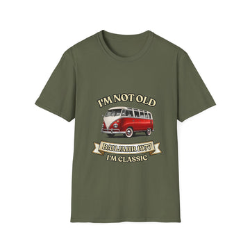 Geschenk zum 50. Geburtstag – T-Shirt Jahrgang 1977 VW Bulli – Military Green – Vorderseite
