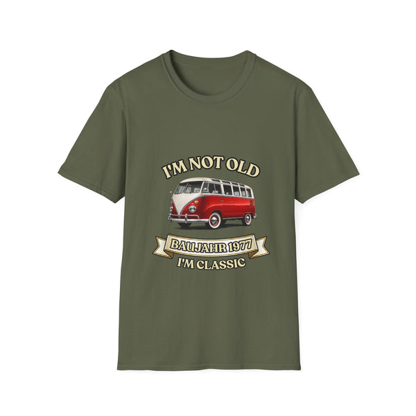 Geschenk zum 50. Geburtstag – T-Shirt Jahrgang 1977 VW Bulli – Military Green – Vorderseite