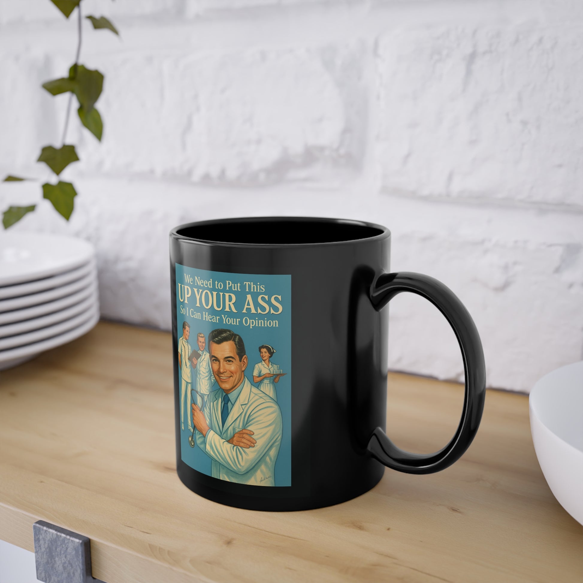 Satire mug “Up Your Ass” – cheeky doctor motif in retro style