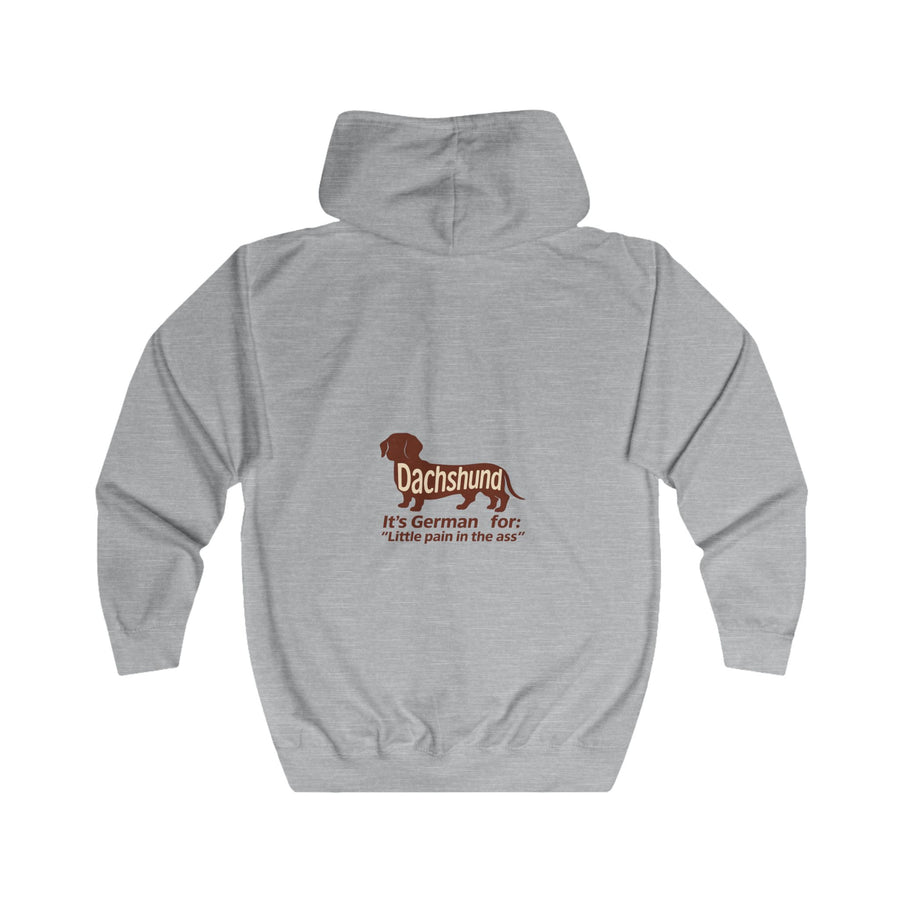 Dackel Sweatjacke „Dachshund – Little Pain in the Ass“ – Zip-Hoodie mit Rückendruck – Heather Grey – Rückenansicht