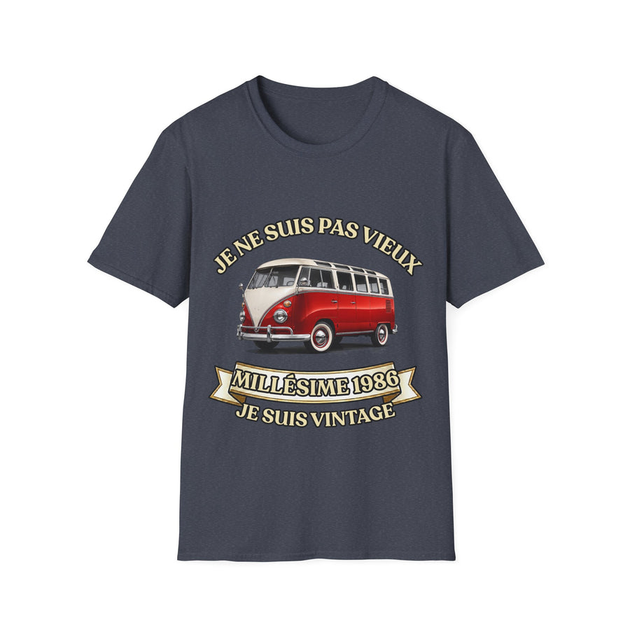 Vintage 1986 T-Shirt – FRENCH print « Je ne suis pas vieux, je suis vintage » – 40th Birthday Gift for Men | red & white VW Bus