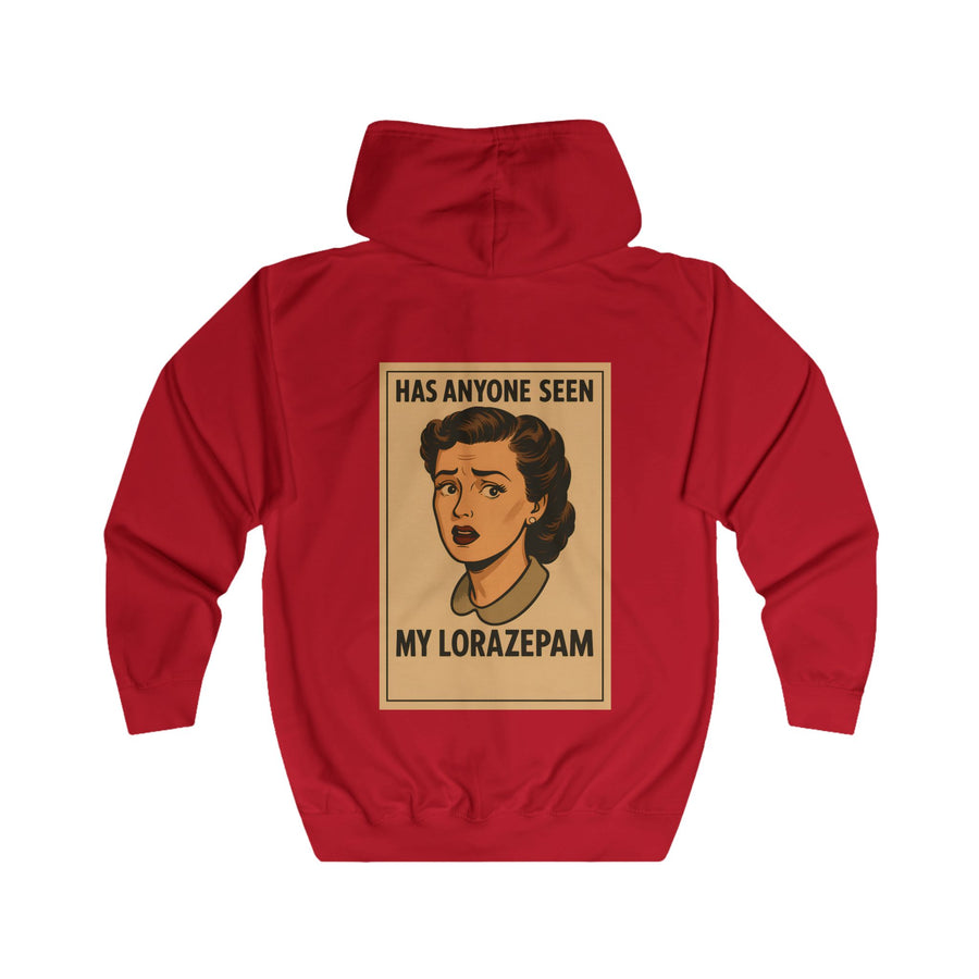 True Insights Has Anyone Seen My Lorazepam Zip-Hoodie – Retro-Pop-Art mit schwarzem Humor