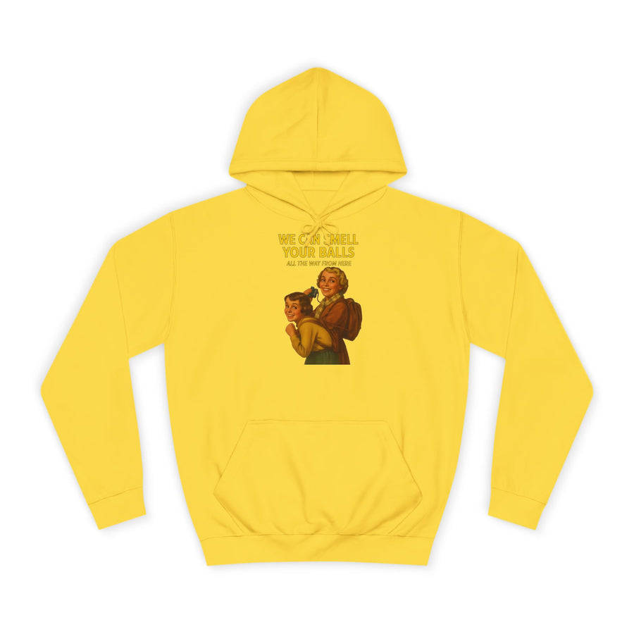 Retro Hoodie „We Can Smell Your Balls“ – Retro-Motiv mit schwarzem Humor – Sun Yellow – Vorderseite