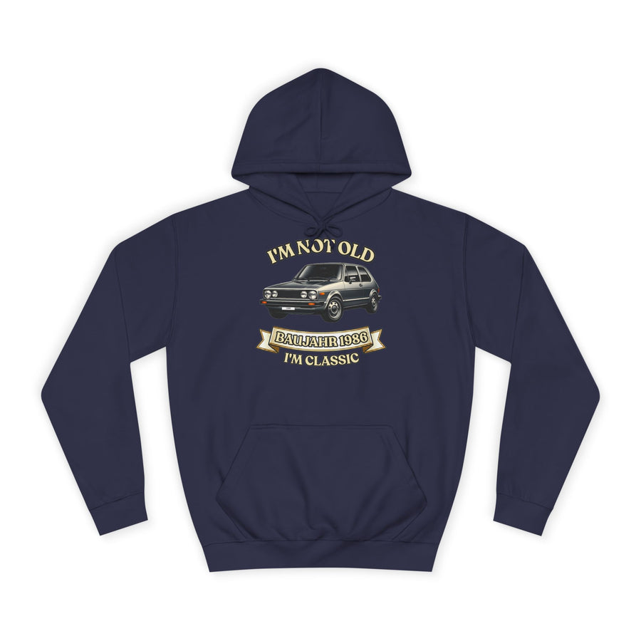 Geschenk zum 40. Geburtstag – Hoodie Jahrgang 1986 VW Golf – Oxford Navy – Vorderseite
