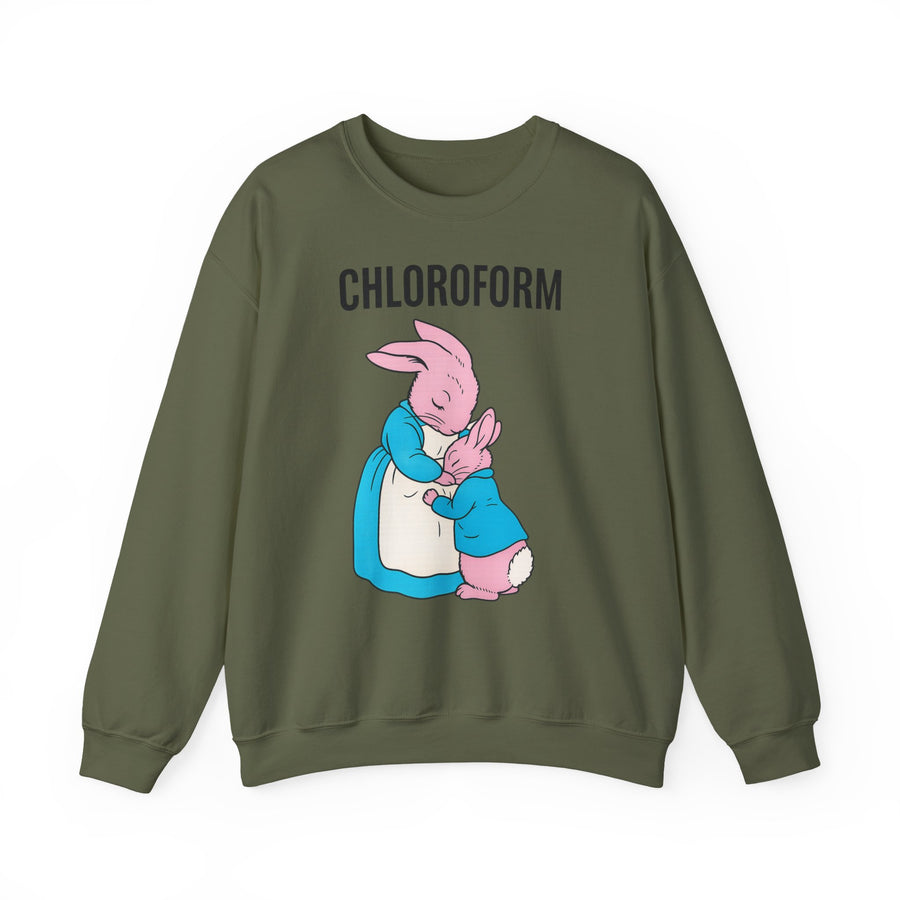True Insights CHLOROFORM Hase Sweatshirt – Schwarzer Humor mit Häschen-Motiv in Military Green