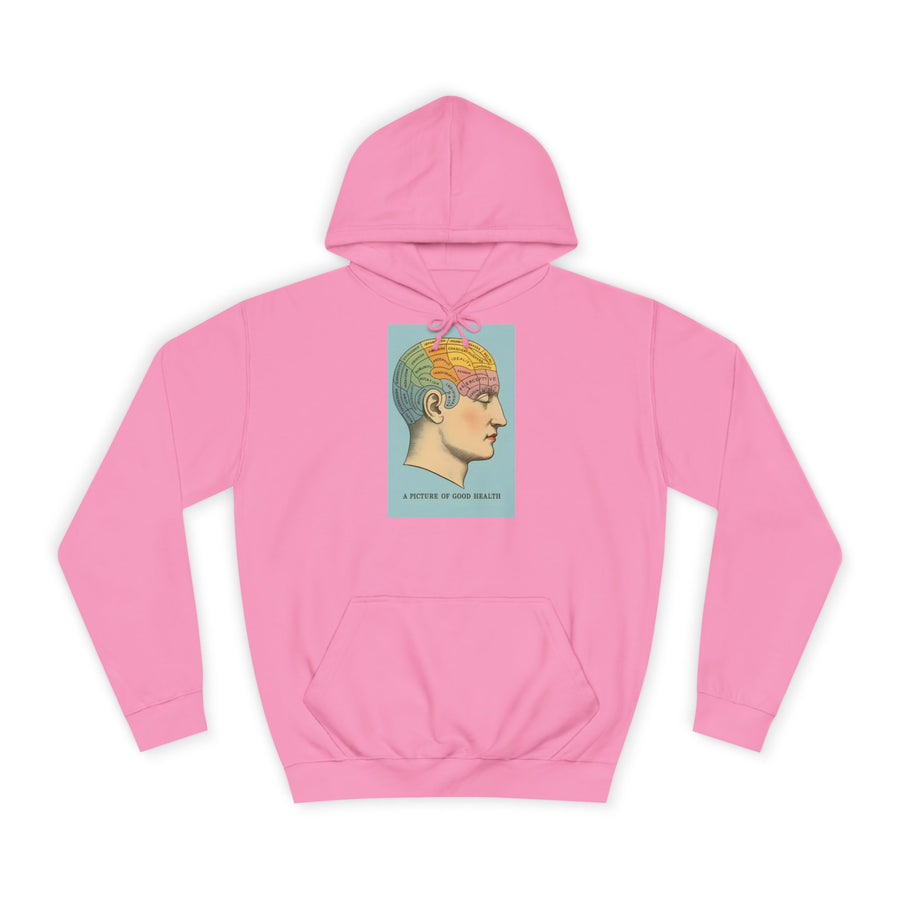Vintage Hoodie „A Picture of Good Health“ – Vintage-Phrenologie für mentale Überflieger – Candyfloss Pink – Vorderseite