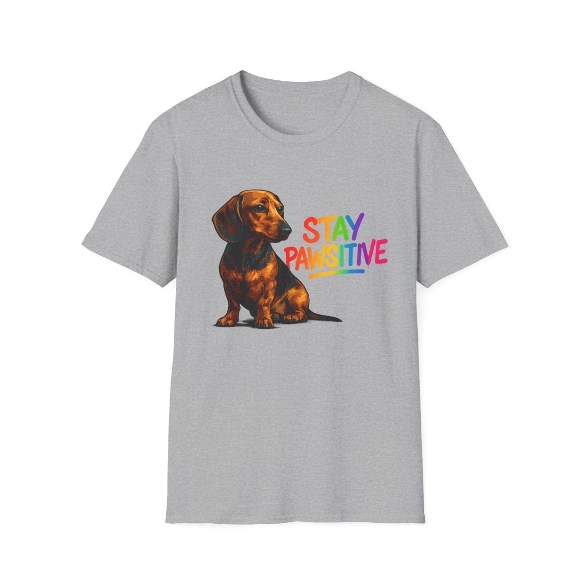 Graues T-Shirt mit braunem Dackel und regenbogenfarbenem Schriftzug Stay-Pawsitive im Pop-Art-Stil fuer Hundeliebhaber.