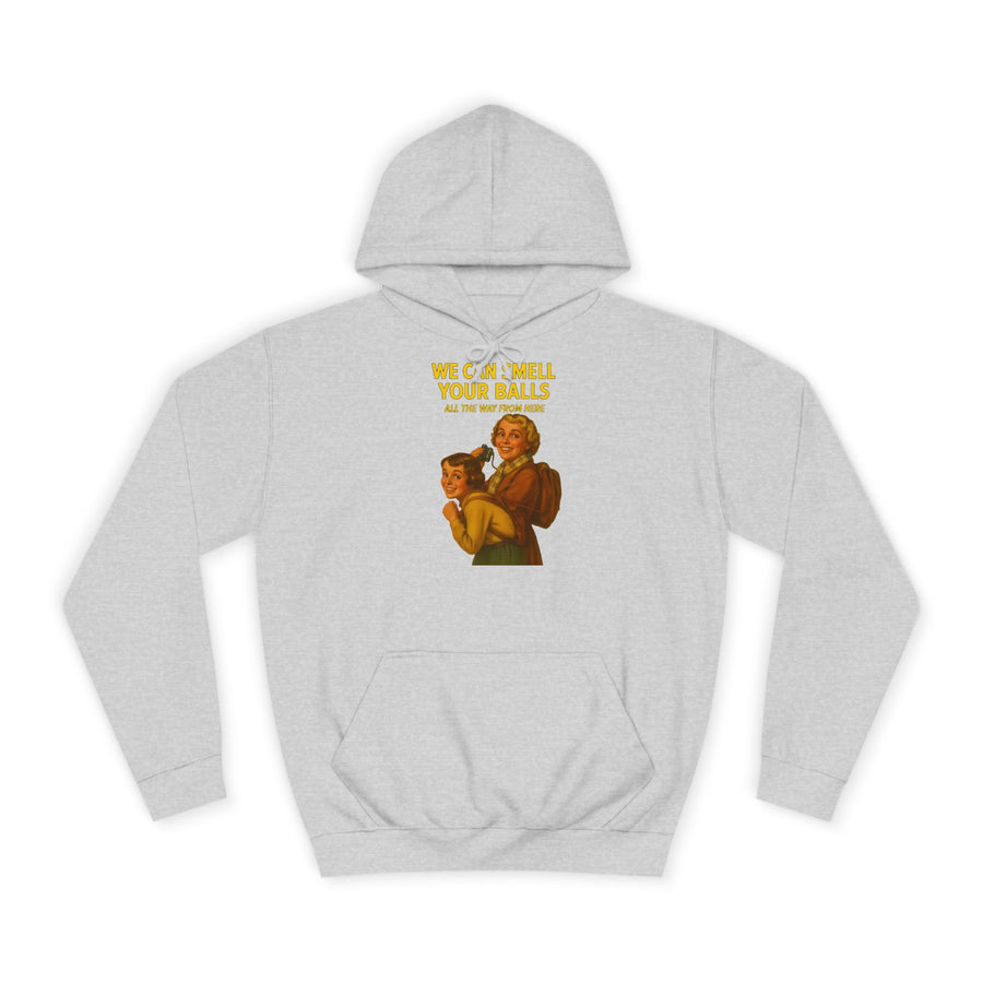 Retro Hoodie „We Can Smell Your Balls“ – Retro-Motiv mit schwarzem Humor – Heather Grey – Vorderseite