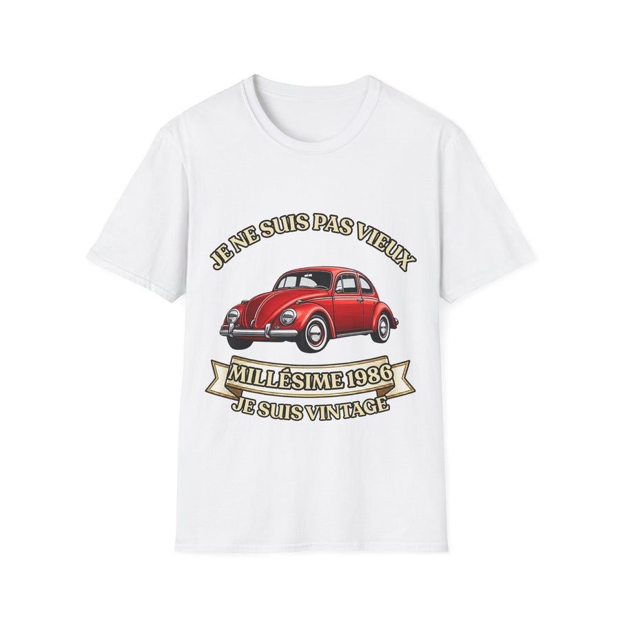 T-shirt Millésime 1986 « Je ne suis pas vieux, je suis vintage » – Cadeau anniversaire 40 ans homme – Coccinelle rouge, voiture ancienne rétro