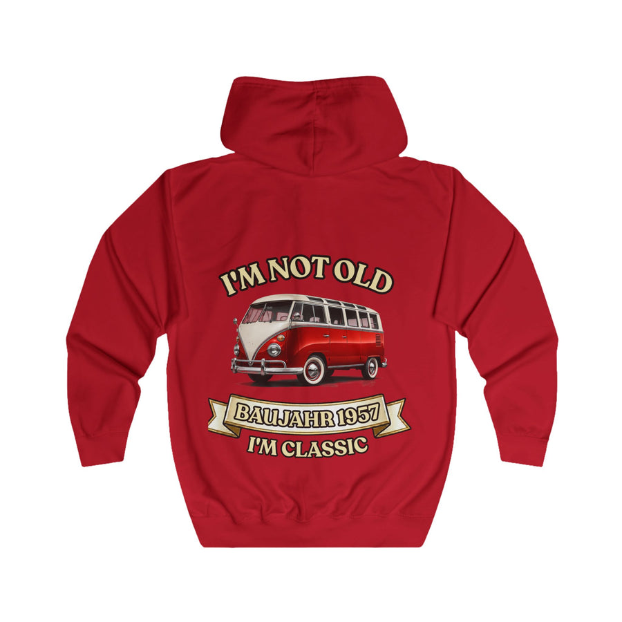 Geschenk zum 70. Geburtstag – Sweatjacke Jahrgang 1957 VW Bulli – Fire Red – Rückenansicht