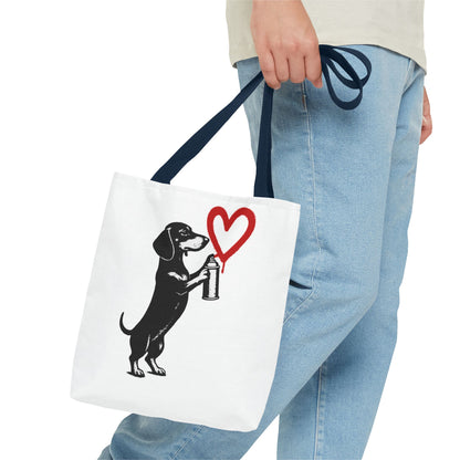 Banksy inspirierter Dackel Tote Bag Polyester – Street-Art Herz Sprühdose Beutel für Sport, Uni & Einkauf