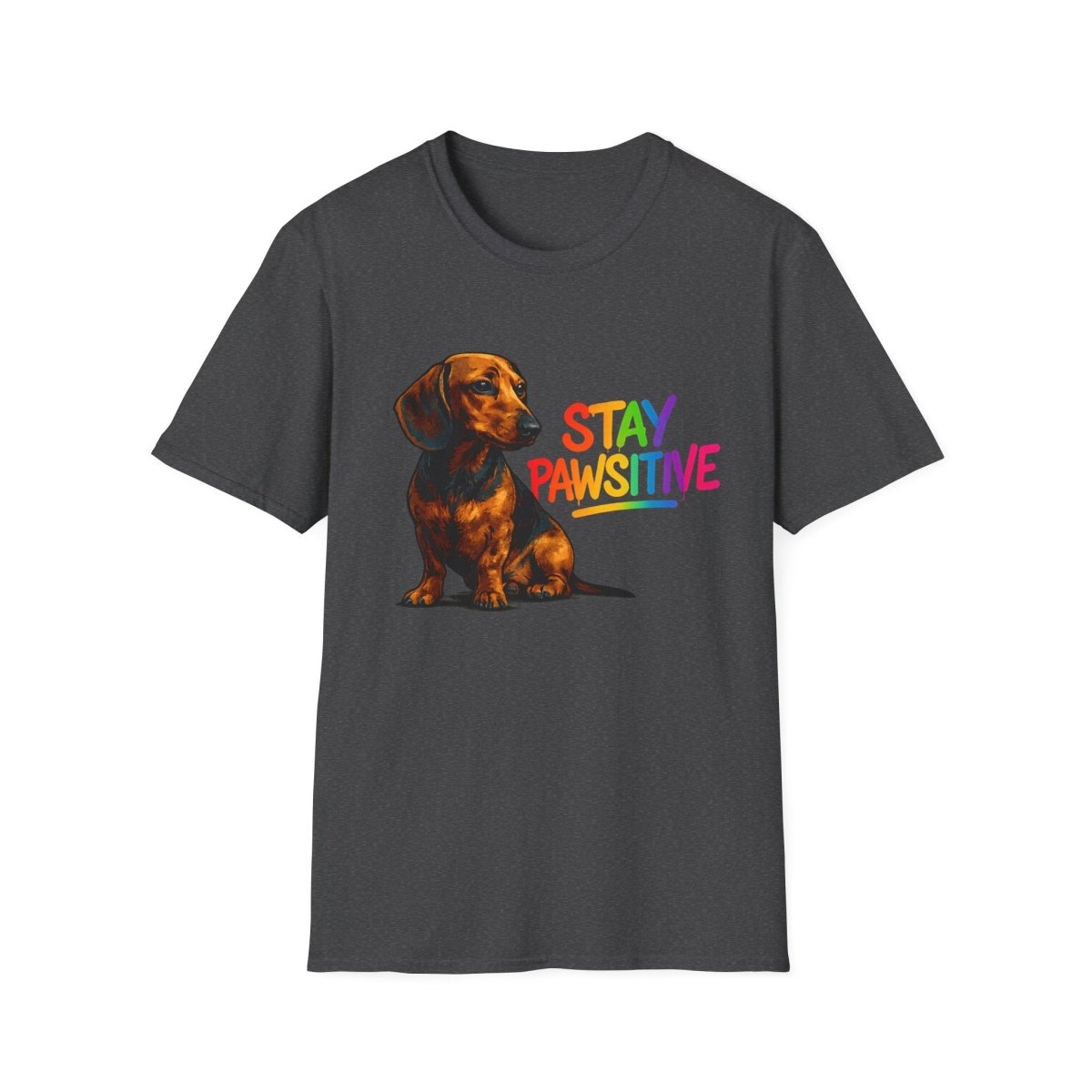 Dunkelgraues T-Shirt mit Dackel-Motiv und Schriftzug Stay-Pawsitive in Regenbogen-Farben im Pop-Art-Stil für Hundeliebhaber.