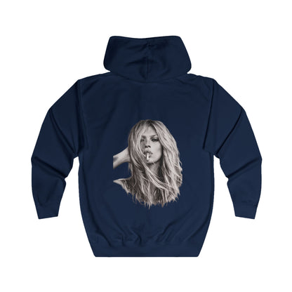 Kate Moss Zip Hoodie – Ikonisches Schwarz-Weiß Porträt Kapuzenjacke für Fashion & Musik Fans, Vintage Style Geschenk
